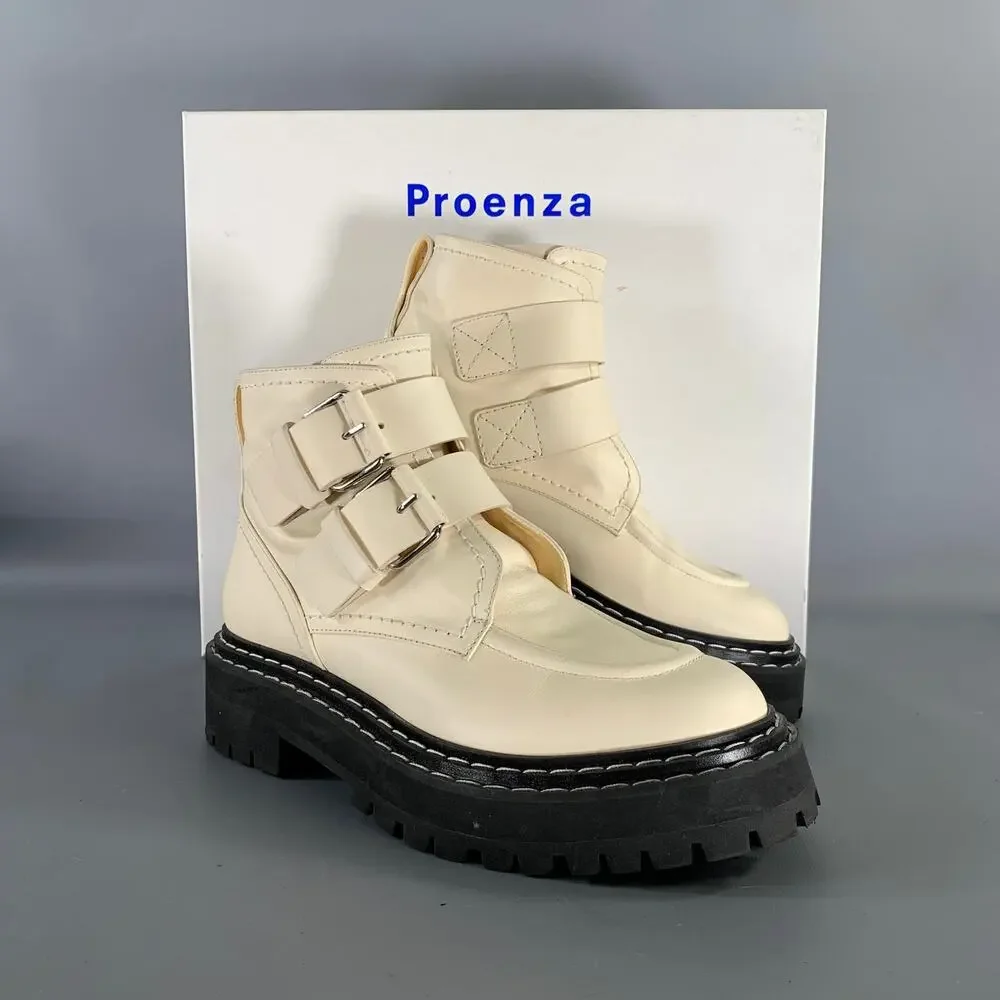 PROENZA SCHOULER Size 9 Cream Black Leather Calf Buckle Boots - Picture 9 of 10